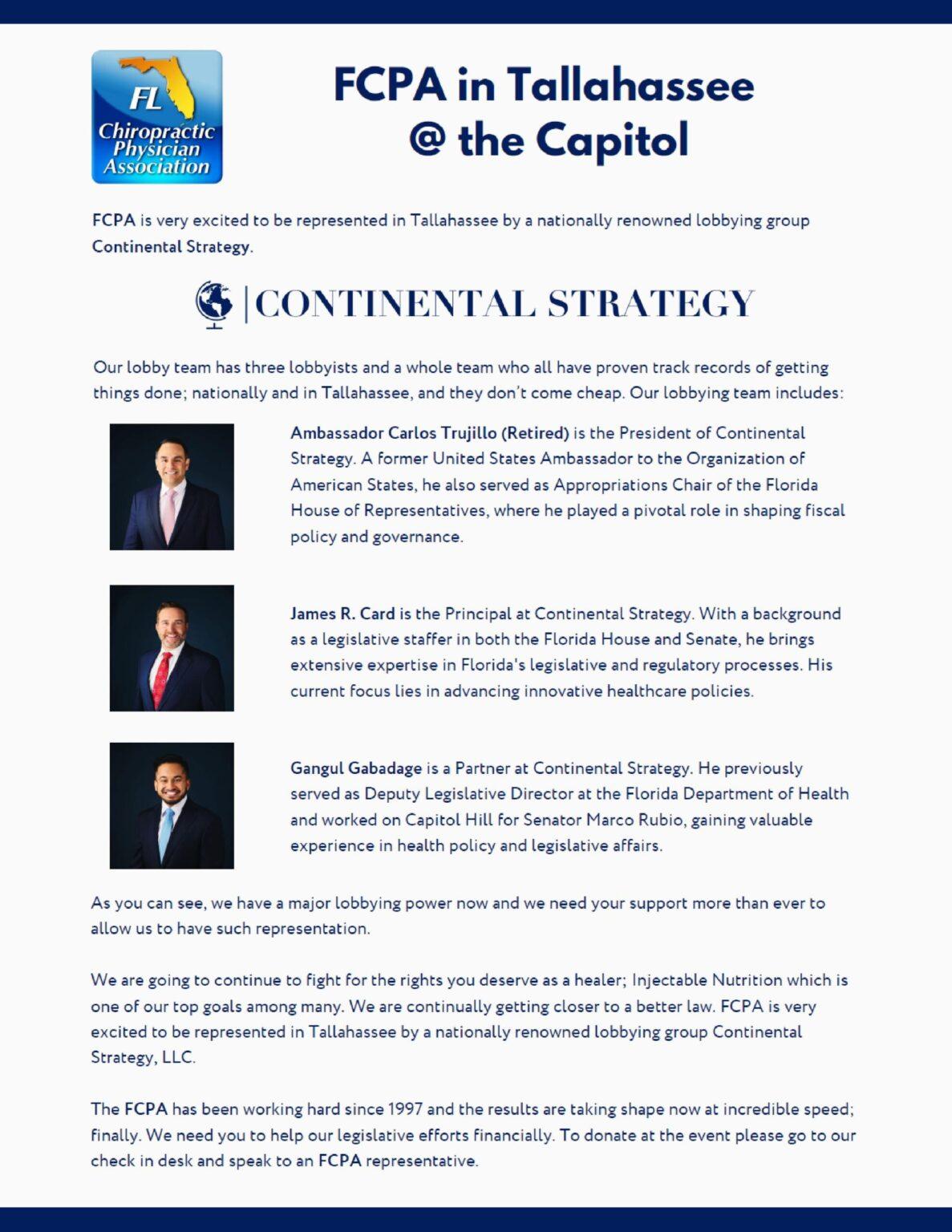 A professional announcement poster for Continental Strategy with team photos.